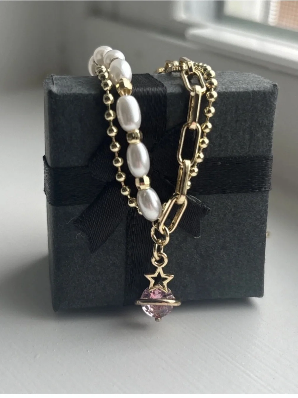 Gold Plated Layered Bracelet Faux Pearl Chain Pink CZ Celestial Charm Adjustable - Picture 10 of 11